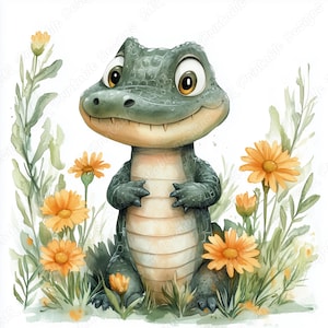 20 Happy Baby Alligator-illustraties, schattige krokodil afdrukbare afbeeldingen, aquarel dierlijke digitale download, bloemen scrapbooking papier ambachten JPG