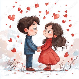 20 schattig romantisch koppel illustraties, afdrukbare afbeelding Valentijnsdag, Cartoon jongen en meisje digitale download, scrapbooking papier ambachten JPG bundel