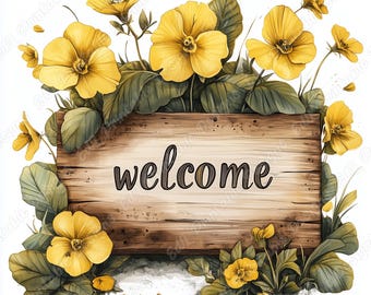 Watercolor Welcome Sign Clip Art, Wood, Yellow Flowers (Digital Download)