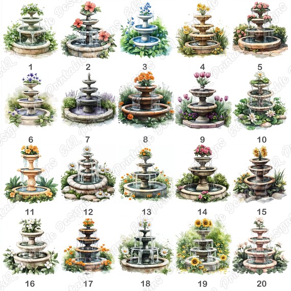 20 Fountain With Flowers Clip Art, Garden Fountain Printable
