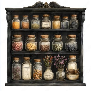 May include: A dark wooden spice rack filled with glass jars, each sealed with a cork stopper. The jars contain various spices, herbs, and seeds, with a small vase of flowers on the bottom shelf. The rack is a decorative storage solution.