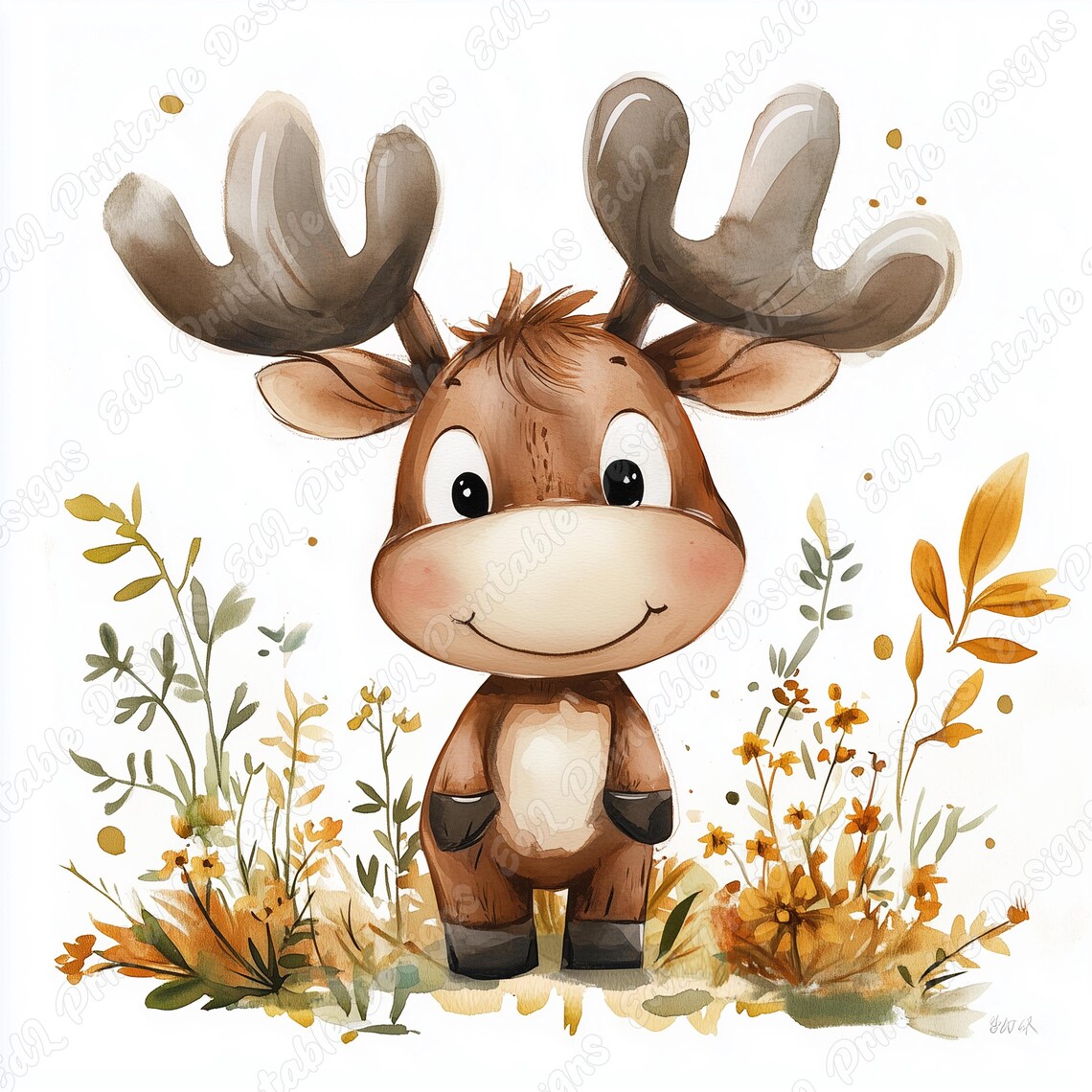 Watercolor Baby Moose Clip Art, Floral Woodland Animals (JPG Digital ...