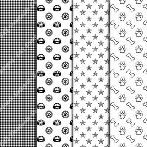 White And Black Dog Patterns Digital Paper, Animal Print Background, Printable Puppy Theme, Pet Scrapbook Papers, Seamless Dog Paw And Bones