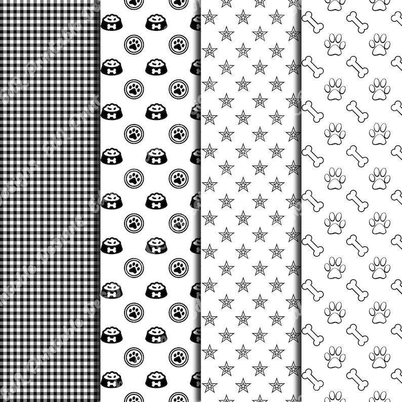 White And Black Dog Patterns Digital Paper, Animal Print Background, Printable Puppy Theme, Pet Scrapbook Papers, Seamless Dog Paw And Bones