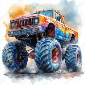 20 Monster Truck Clip Art, Watercolor Big Truck Printable Image, American Off Road Car Digital Download, Scrapbooking Paper Craft JPG Bundle