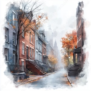 May include: A watercolour painting depicts a street scene with terraced houses in shades of red and blue. Autumnal trees with orange foliage line the street, leading to a church spire in the distance. The scene is misty.