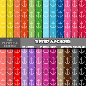 Tinted Anchors Digital Paper, Nautical Printable Background, Sailor Scrapbook, 12x12 Colorful Sea Papers, Seamless Ocean Patterns Set Of 24