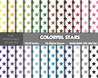 Bunte Sterne Digitales Papier, Regenbogen Farbe Sternen Scrapbook, Sterne Hintergründe (Digitaler Download)