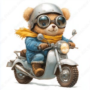 Puede incluir: Ilustración de un oso de peluche montando una vespa vintage. El oso lleva un casco plateado con gafas, una chaqueta azul y una bufanda amarilla. La vespa es gris claro con neumáticos marrones y un faro.