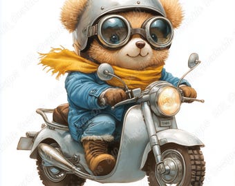 Biker Teddy Bear Clipart, Motorcycle Scrapbook Paper Crafts JPG Images (Digital Download)