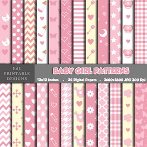 Papel digital con patrones para niñas, fondo imprimible para baby shower de recién nacidas, papeles de álbum de recortes de color rosa, papel para guardería, juego de 24 patrones sin costuras