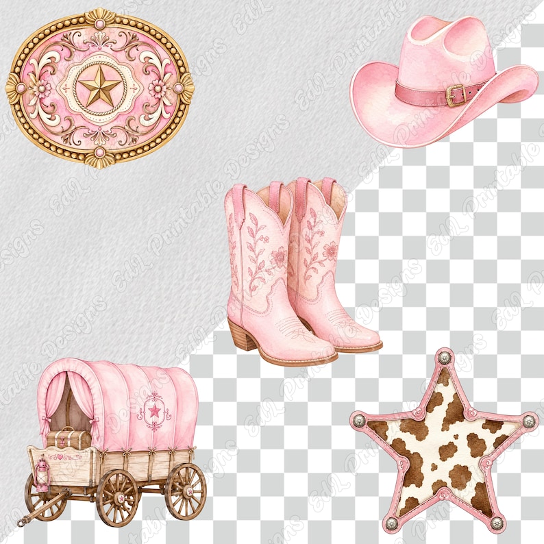 Pink Western Cowgirl PNG Clipart, Printable Baby Girl Rodeo Party Images, Watercolor Cute Wild West Digital Download, Scrapbook Paper Bundle