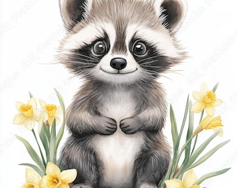 Imágenes prediseñadas de mapaches en acuarela, animales bebés imprimibles con flores, paquete de imágenes JPG (descarga digital)
