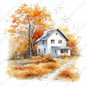 Könnte beinhalten: Ein weißes Bauernhaus mit einem grauen Dach steht auf einem Hügel, umgeben von Herbstlaub. Die Bäume sind eine Mischung aus Orange, Gelb und Rot. Ein Feldweg führt zum Haus.