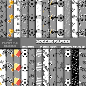 Soccer Digital Pattern Paper, Football Printable Background, Gray Soccer Ball Party Scrapbook Paper, 12x12 Papers, Seamless Sports Theme Set