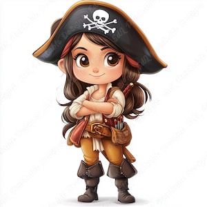20 lindas imágenes prediseñadas de niñas piratas, imágenes imprimibles de niños piratas de dibujos animados, descarga digital, conjunto de manualidades de papel para álbumes de recortes de niños piratas pequeños