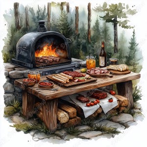 May include: Watercolor illustration of a backyard barbecue scene. A black grill with flames and cooking steaks sits on a stone base. A wooden picnic table displays cooked meats, sausages, bread, and condiments. A bottle of wine and a jar of preserves are also on the table.