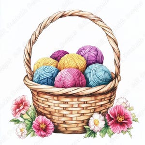 20 Strickkorb Clip Art, Korb Mit Wollknäuel druckbare Bilder, Garnkorb Digitaler Download, Häkeln Scrapbooking Papier Handwerk JPG