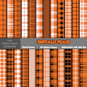 Orange Color Buffalo Plaid Digital Papers, Printable Tartan, Scottish Background, Lumberjack Scrapbook, Seamless Flannel Gingham Pattern Set