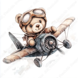 20 Pilot Teddy Bear Clip Art, Watercolor Aviator Bear Printable Image, Digital Download, Baby Boy And Girl Scrapbooking Paper Crafts JPG Set