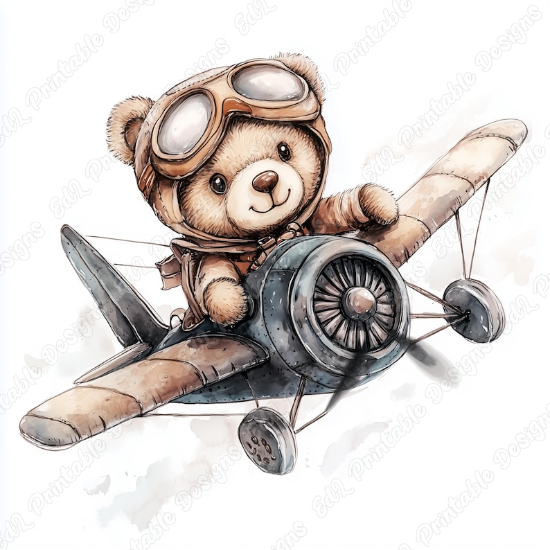 20 Pilot Teddy Bear Clip Art, Watercolor Aviator Bear Printable Image, Digital Download, Baby Boy And Girl Scrapbooking Paper Crafts JPG Set