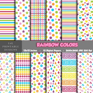 Papel digital de colores del arco iris, fondo imprimible para fiesta de cumpleaños, papeles para álbumes de recortes, papel decorativo colorido para fiestas de 12 x 12, juego de patrones sin costuras