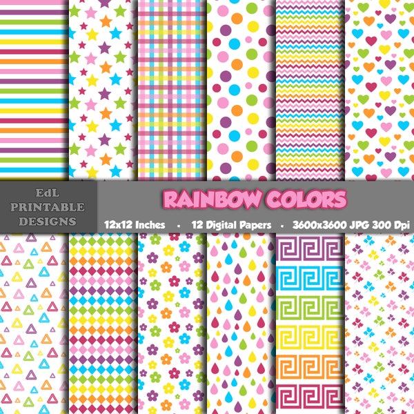 Rainbow Colors Digital Paper, Printable Birthday Party Background, Scrapbook Papers, 12x12 Colorful Party Decor Paper, Seamless Patterns Set