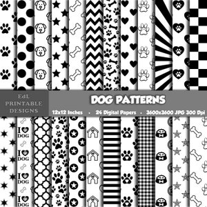 Papier numérique motifs chien blanc et noir, arrière-plan imprimé animal, thème chiot à imprimer, albums de scrapbooking pour animal de compagnie, os et pattes de chien sans couture
