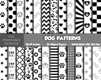 White And Black Dog Patterns Digital Paper, Animal Print Background, Printable Puppy Theme, Pet Scrapbook Papers, Seamless Dog Paw And Bones