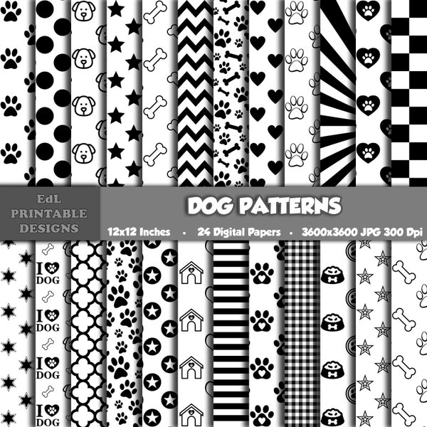 White And Black Dog Patterns Digital Paper, Animal Print Background, Printable Puppy Theme, Pet Scrapbook Papers, Seamless Dog Paw And Bones