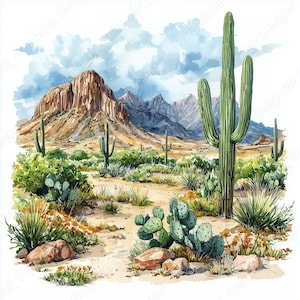 20 Watercolor Desert Clip Art, Desert Landscape Printable Images, Desert Mountain And Cactus Digital Download, Scrapbooking Paper Crafts JPG