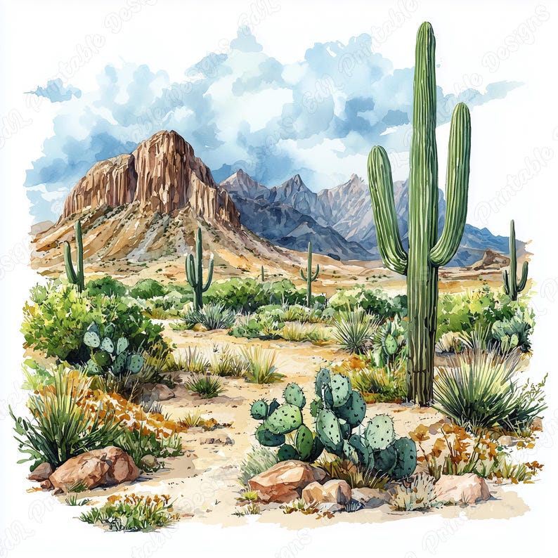20 Watercolor Desert Clip Art, Desert Landscape Printable Images, Desert Mountain And Cactus Digital Download, Scrapbooking Paper Crafts JPG