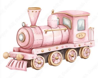 Puede incluir: Un tren de juguete rosa con detalles dorados y ruedas. El tren tiene una chimenea grande y una pequeña ventana en el lateral. El tren está sobre un fondo blanco.