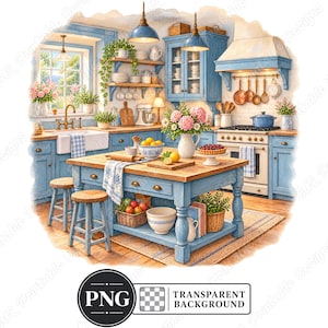 May include: A kitchen illustration featuring blue cabinets, a wooden island with two stools, a white farmhouse sink, a stove with copper cookware, and shelves filled with dishes. A bowl of lemons, a berry tart, and pink flowers sit on the island.