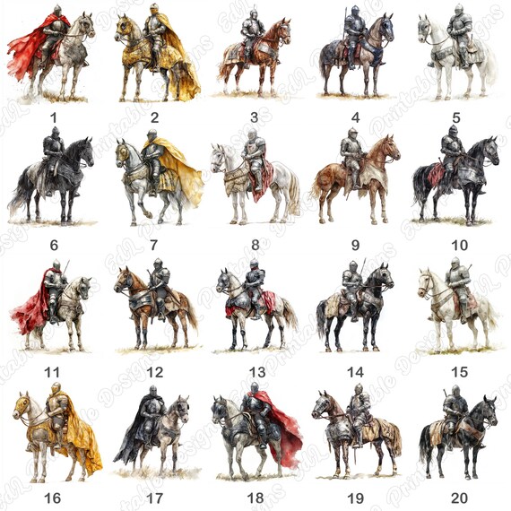 水彩画の騎士のクリップアート、馬に乗った中世の戦士（JPGデジタル