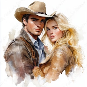 18 cowboy paar illustraties, aquarel cowgirl afdrukbare afbeeldingen, westerse romantiek digitale download, Wildwest scrapbooking papier ambachten JPG set