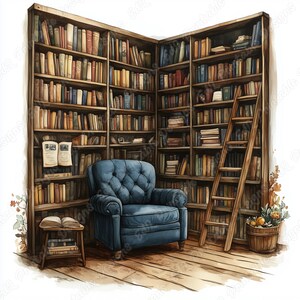 20 Cozy Reading Nook Clipart, Watercolor Bookshelf Printable Images, Book Lover Digital Download, Library Scene Scrapbooking Paper Craft JPG