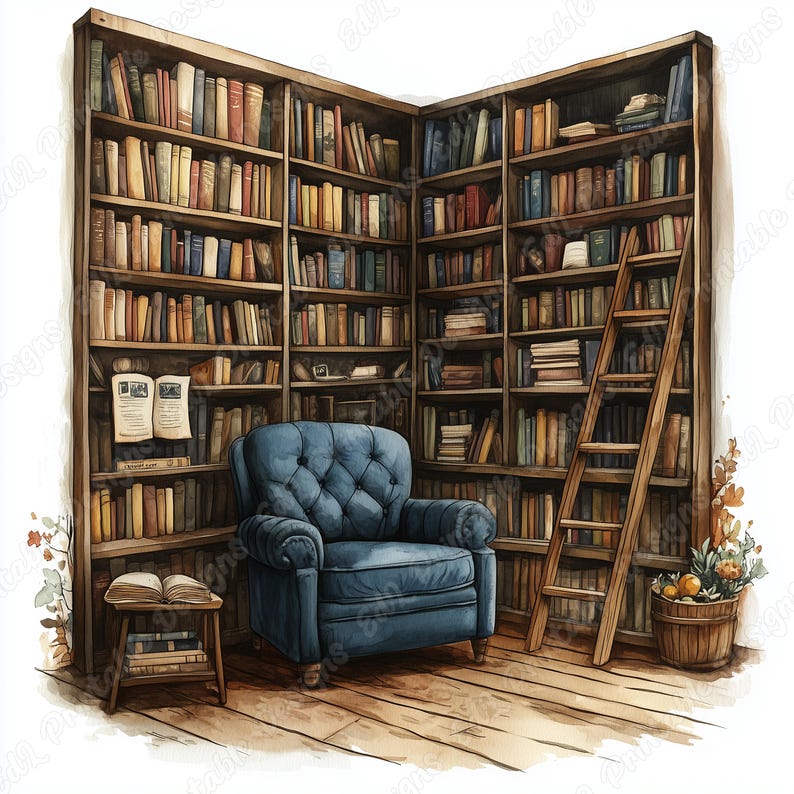 20 Cozy Reading Nook Clipart, Watercolor Bookshelf Printable Images, Book Lover Digital Download, Library Scene Scrapbooking Paper Craft JPG