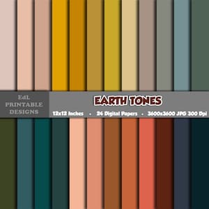 Pode incluir: Um conjunto de 24 papéis digitais com tons terrosos. Os papéis são de 12x12 polegadas e 3600x3600 pixels, com uma resolução de 300 DPI. As cores incluem tons de marrom, verde, amarelo, laranja e bege.