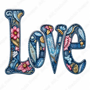 Floral Love Word Clipart, Romantic Flower Lettering, Printable Valentine Quote Scrapbook (Digital Download)