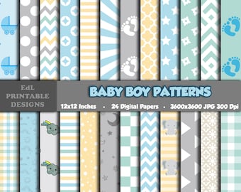 Baby Boy Patterns Digital Paper, Newborn Baby Shower Printable Background, Scrapbook Papers, 12x12 Paper, Seamless Party Pattern Set Of 24