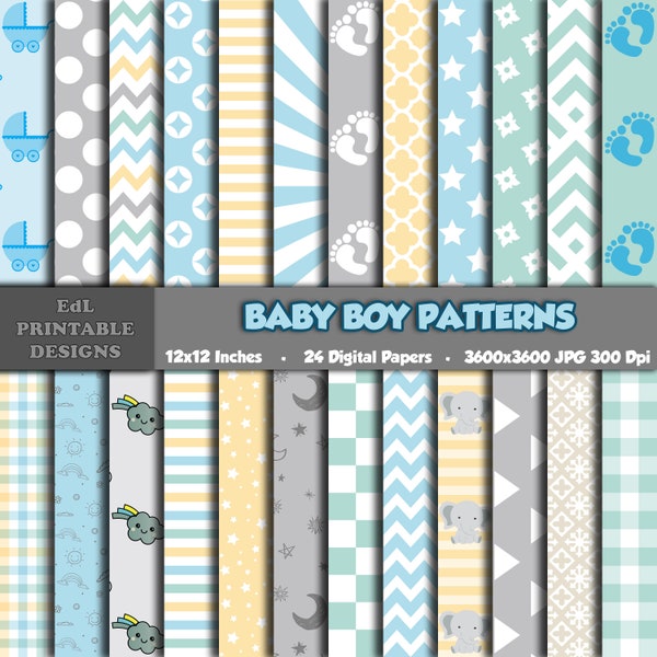 Baby Boy Patterns Digital Paper, Newborn Baby Shower Printable Background, Scrapbook Papers, 12x12 Paper, Seamless Party Pattern Set Of 24