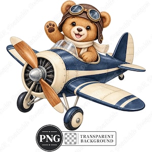 Clipart PNG de Urso Aviador, Pacote de Aviões Pilotos em Aquarela (Download Digital)