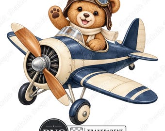Aviator Teddy Bear PNG Clipart, Watercolor Pilot Airplane Bundle (Digital Download)