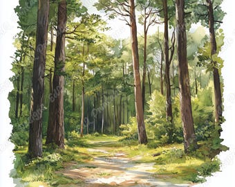水彩画の草原のクリップアート、緑の風景シーン（デジタルダウンロード