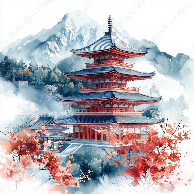 20 Japanese Temple Clip Art, Asian Architecture Printable Images, Digital Download, Watercolor Landscape Scrapbooking Paper Craft JPG Bundle
