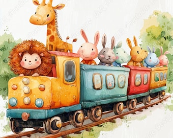 Safari Animals Train Clip Art, Nursery Watercolor Print (JPG)
