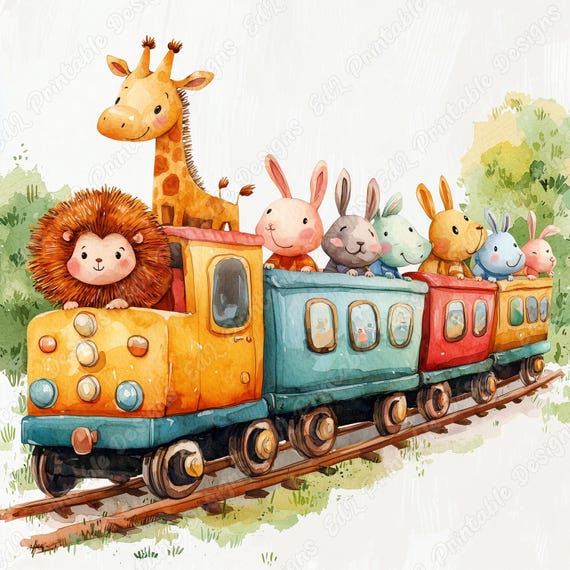 Safari Animals Train Clip Art, Nursery Watercolor Print (JPG)