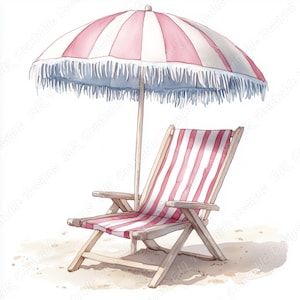 20 strandstoel en parasol illustraties, afdrukbare afbeeldingen zandstrand, digitale download aan zee, zomervakantie scrapbooking papier ambachten JPG
