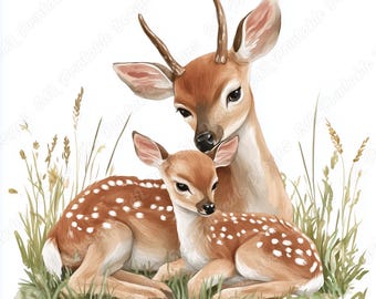 Mother Deer And Fawn Clipart, Watercolor Deer Family Paper Craft JPG Set (Digital Download)